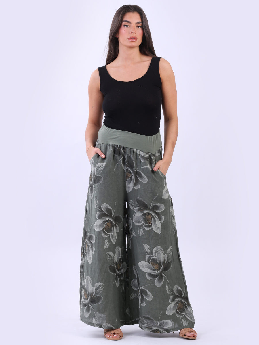 Ladies Floral Print High Waist Linen Pant