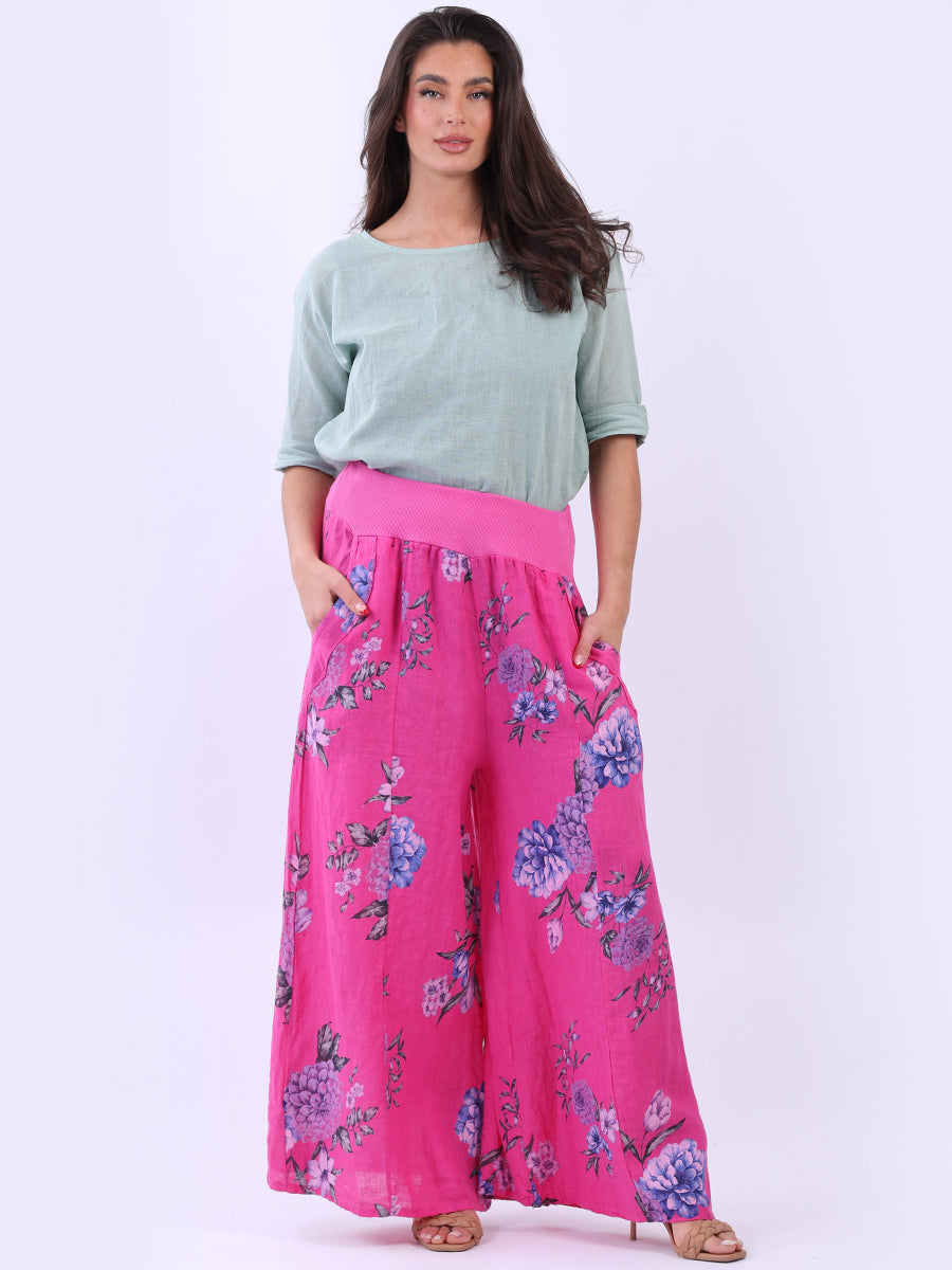 Floral Linen Wide Leg Palazzo Trouser