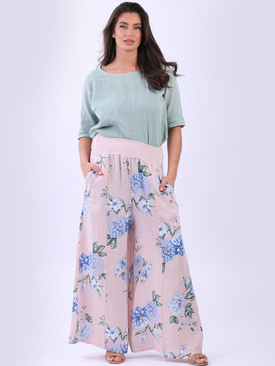 Floral Linen Wide Leg Palazzo Trouser