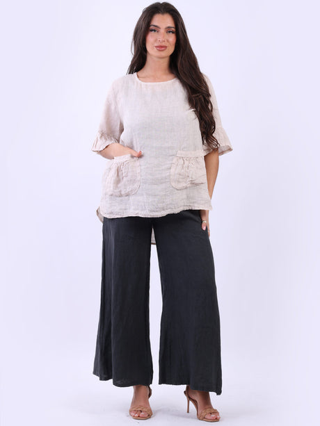 Frilled Sleeves Plain Baggy Linen Top