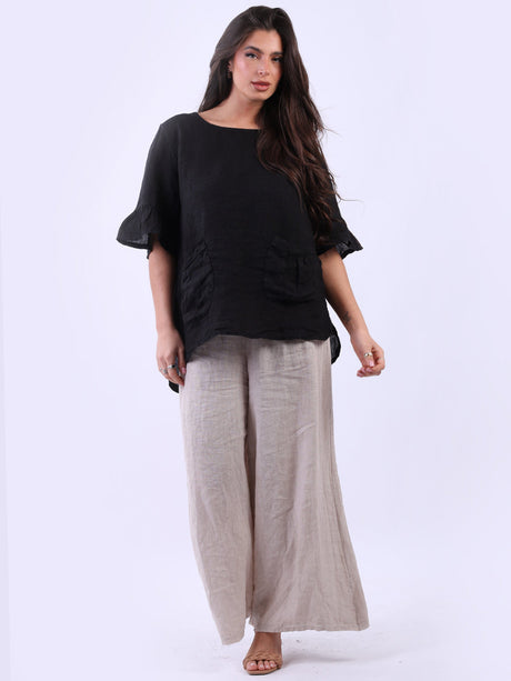 Frilled Sleeves Plain Baggy Linen Top