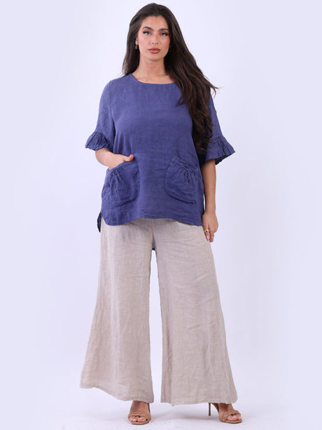 Frilled Sleeves Plain Baggy Linen Top