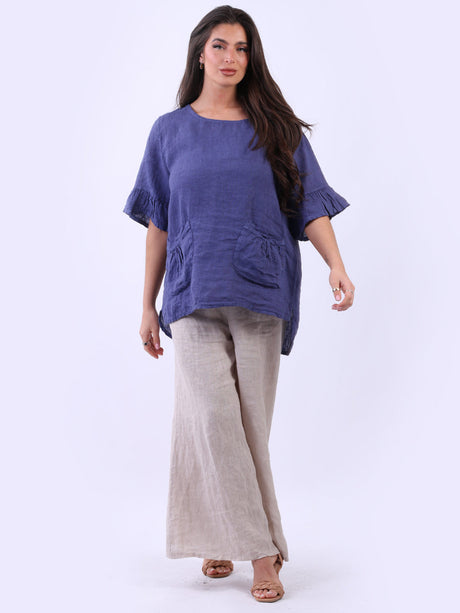 Frilled Sleeves Plain Baggy Linen Top