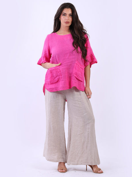 Frilled Sleeves Plain Baggy Linen Top