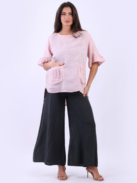 Frilled Sleeves Plain Baggy Linen Top