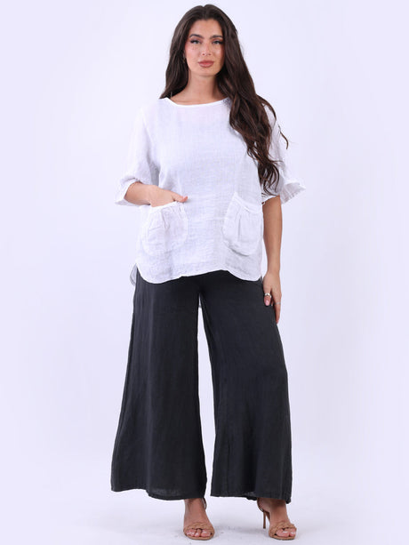 Frilled Sleeves Plain Baggy Linen Top