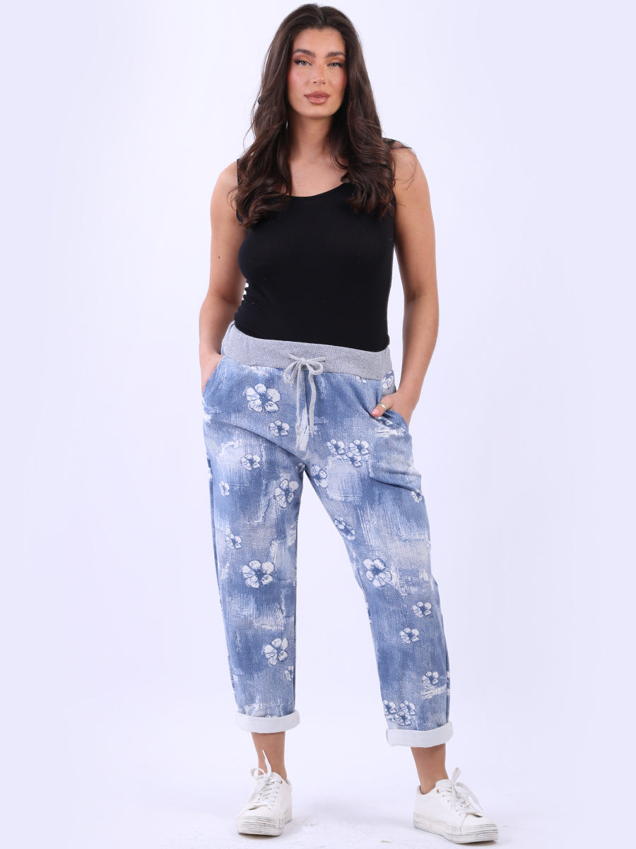 Floral Cotton Joggers Light Denim