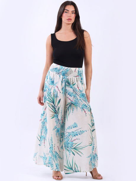 Wide Leg Jungle Print Smocked Linen Palazzo