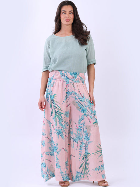 Wide Leg Jungle Print Smocked Linen Palazzo