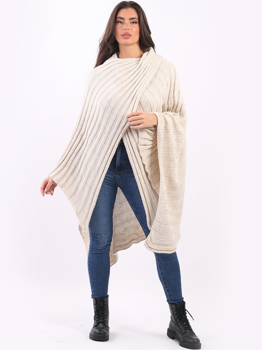 Ladies Plain Cross Over Rib Knit Wrap Cape Shawl