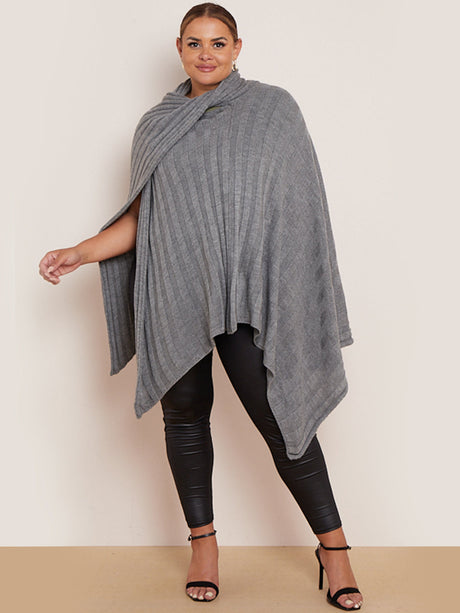 Ladies Plain Cross Over Rib Knit Wrap Cape Shawl