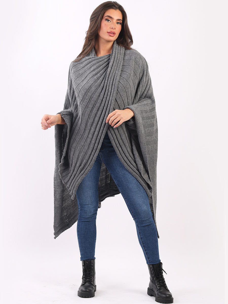 Ladies Plain Cross Over Rib Knit Wrap Cape Shawl