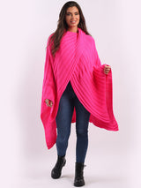 Ladies Plain Cross Over Rib Knit Wrap Cape Shawl