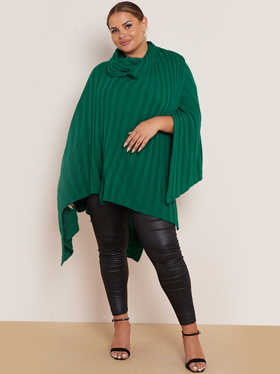 Wrap Over Plus Size Rib Knitted Poncho