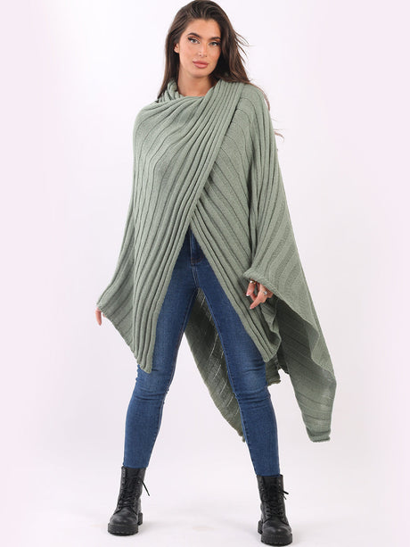 Ladies Plain Cross Over Rib Knit Wrap Cape Shawl