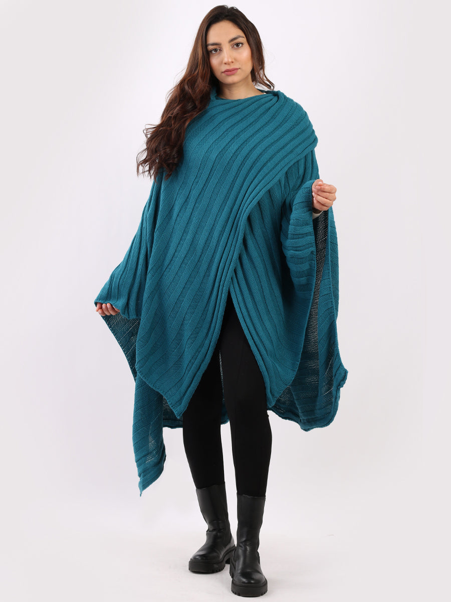 Wrap Over Plus Size Rib Knitted Poncho