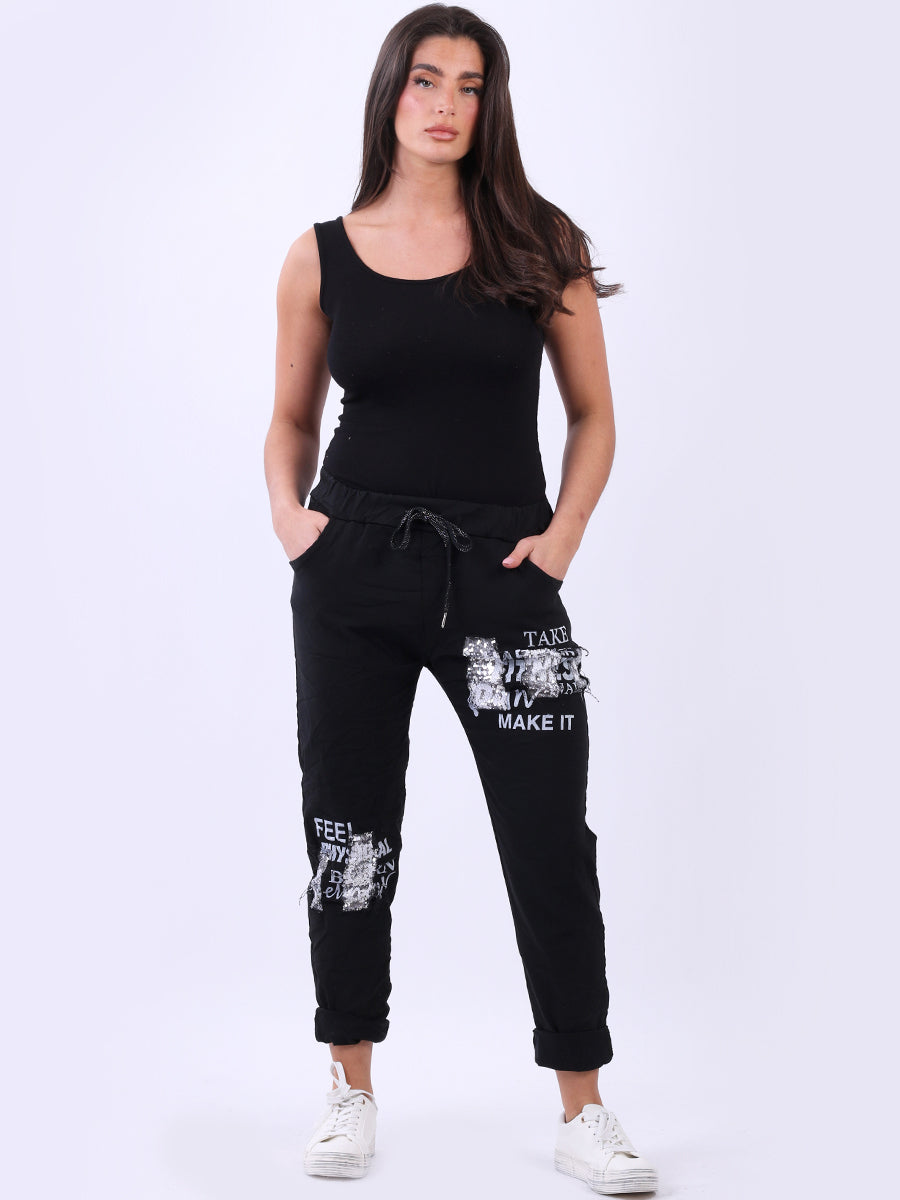 Ladies Sequin Writing Print Magic Pant