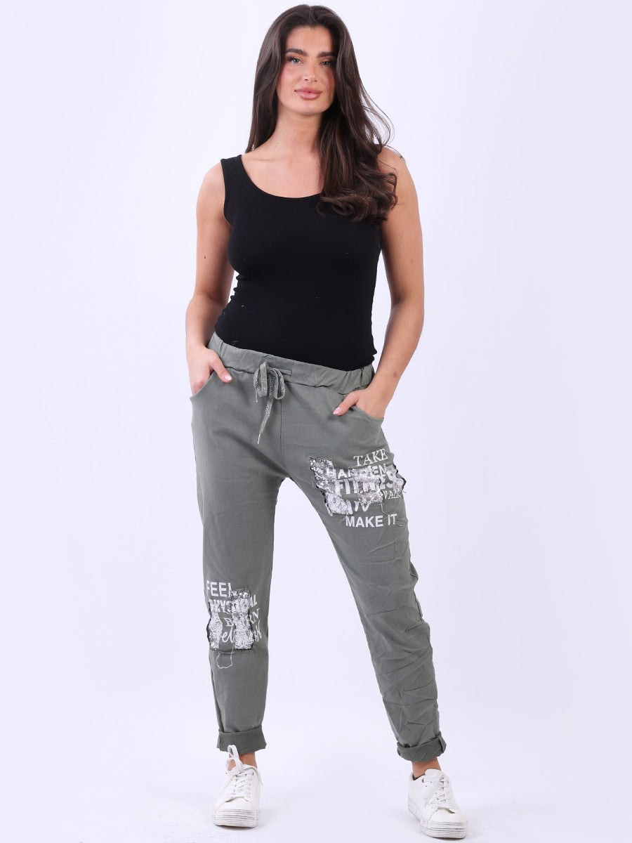 Ladies Sequin Writing Print Magic Pant