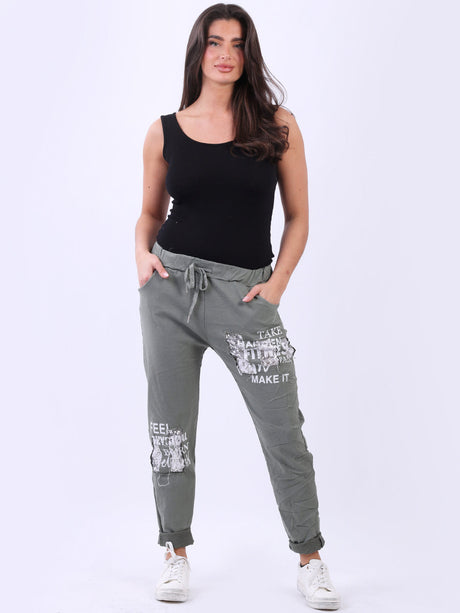 Ladies Sequin Writing Print Magic Pant