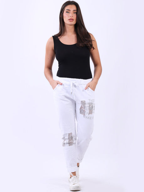 Ladies Sequin Writing Print Magic Pant