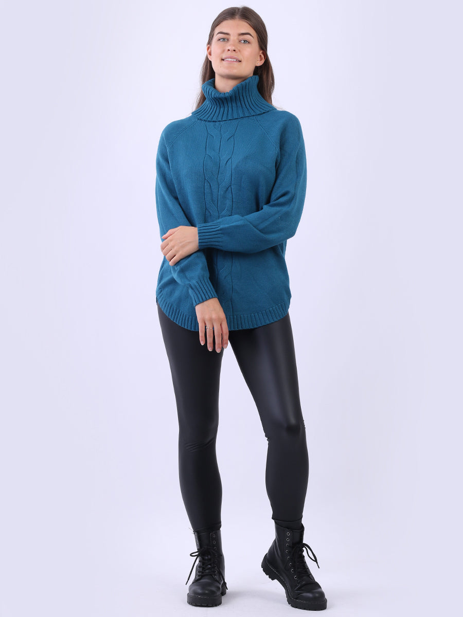 Women Ribbed Lagenlook Polo Neck Cable Knit Sweater