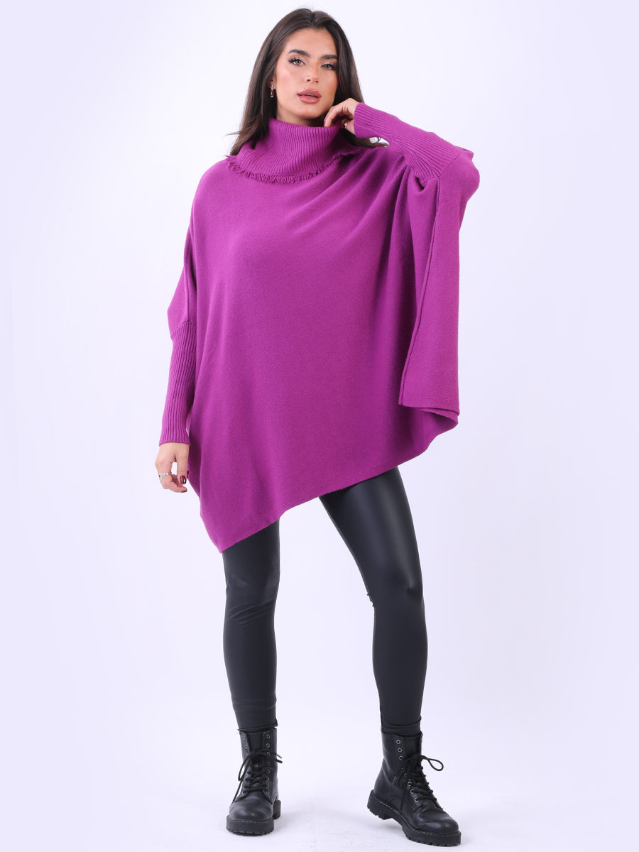 Cozy Cowl Neck Ladies Batwing Fringe Knit Poncho