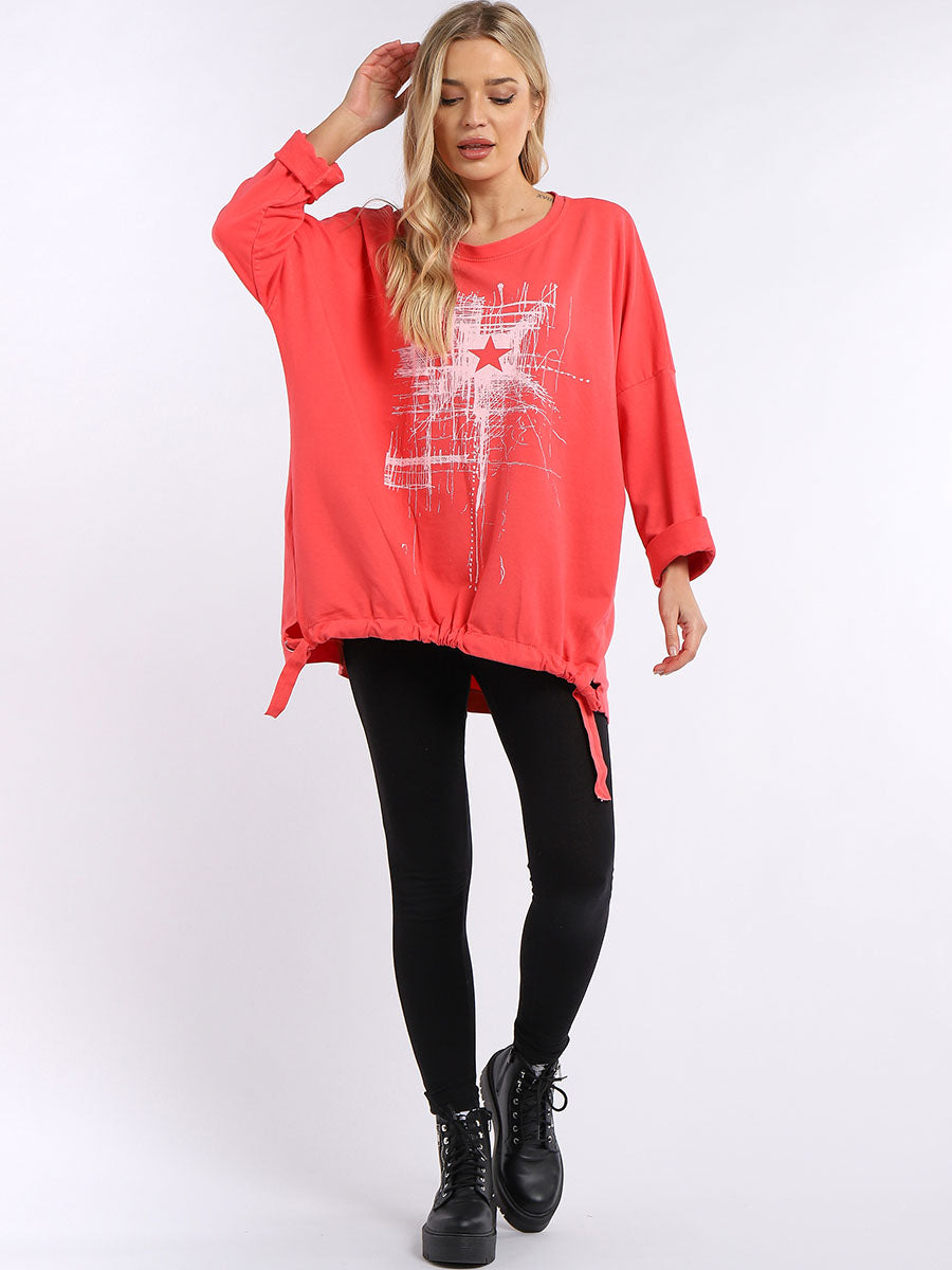 Abstract Star Drawstring Hem Oversized Top