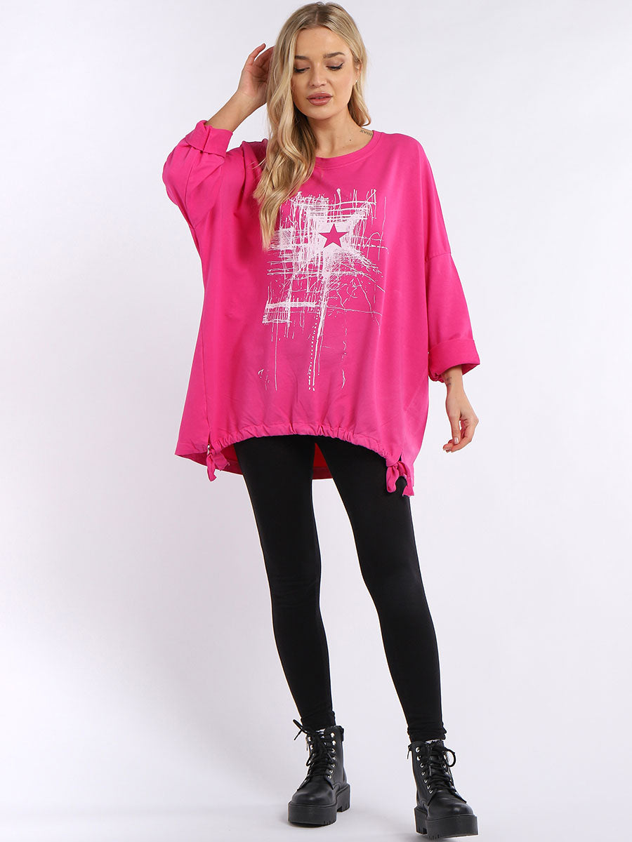 Abstract Star Drawstring Hem Oversized Top