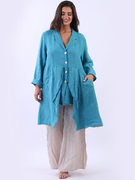 Plain Long Linen Button Down Ruffle Jacket