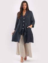 Plain Long Linen Button Down Ruffle Jacket