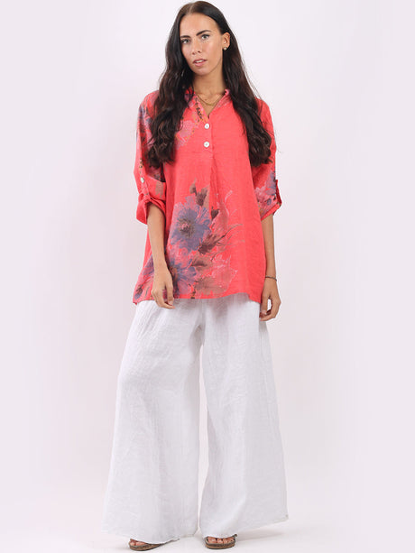 Ladies Dipped Hem Floral Linen Casual Top