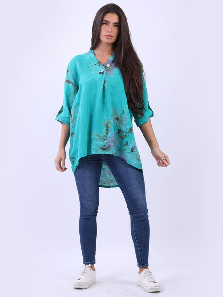 Ladies Dipped Hem Floral Linen Casual Top