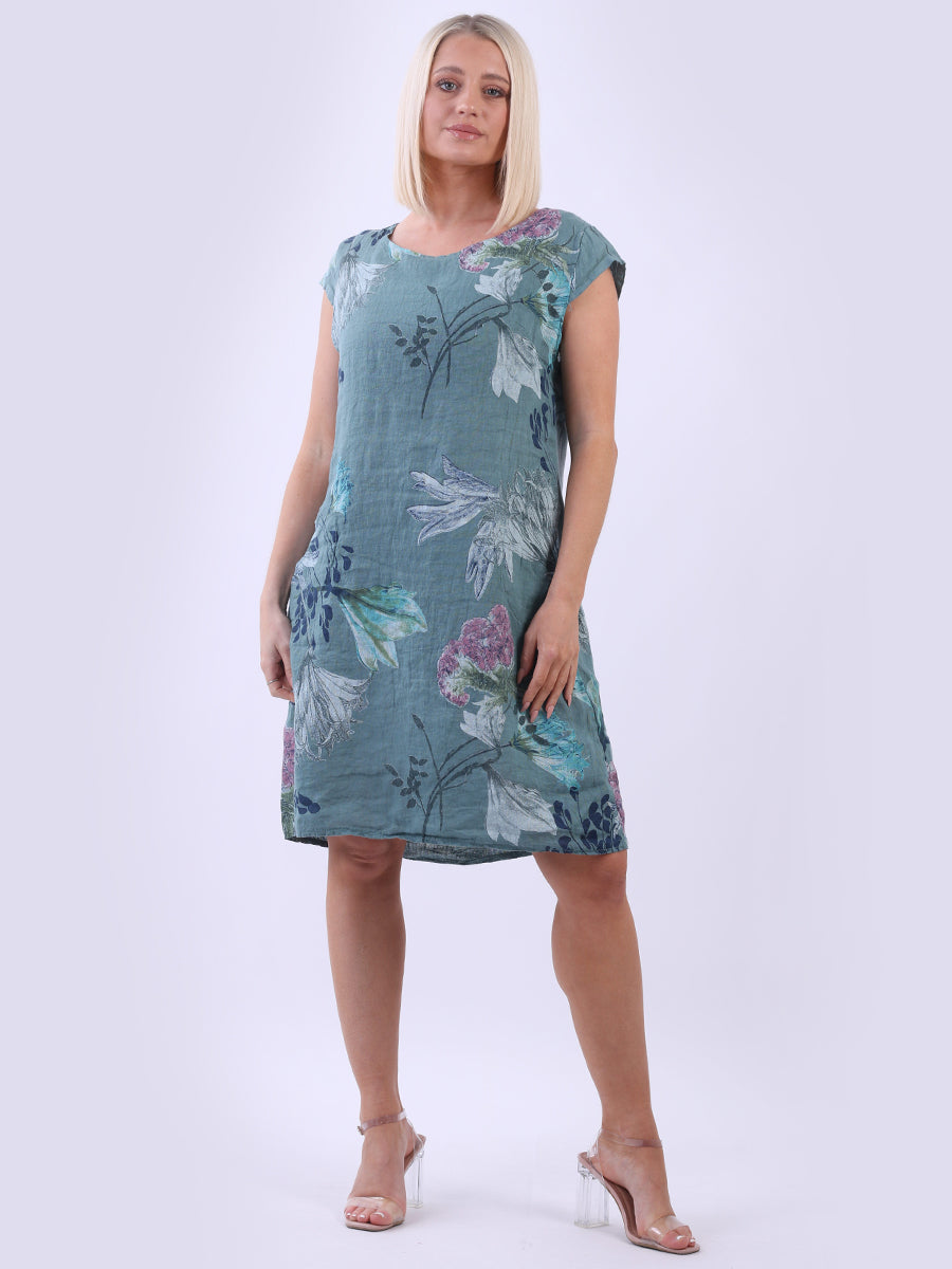 Ladies Floral Linen Midi Summer Dress