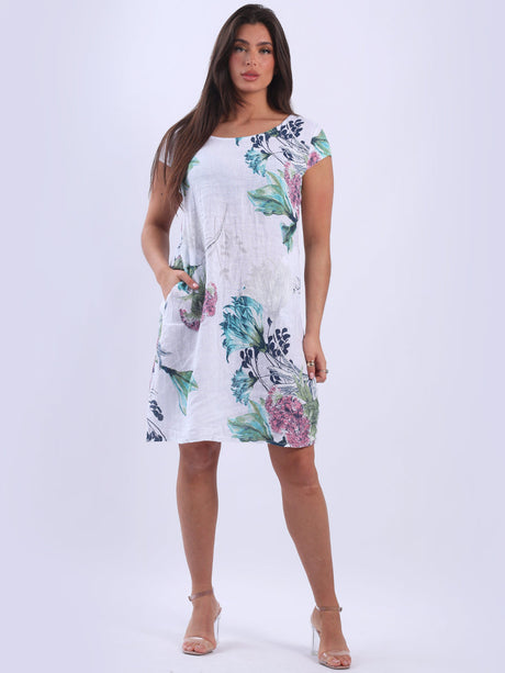 Cap Sleeves Floral Linen Dress