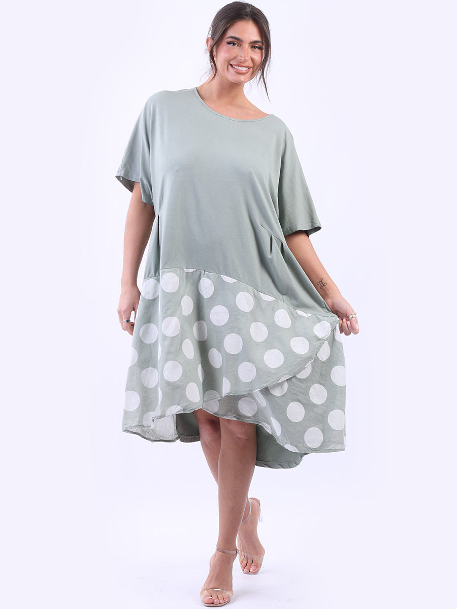 Polka Dot Contrast Cotton Dress Khaki