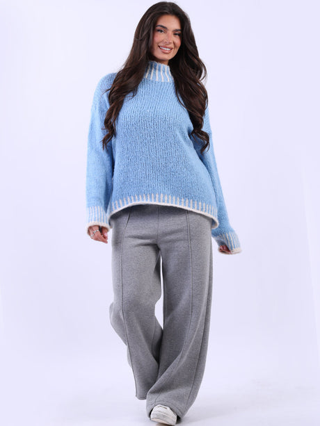 Women Contrast Stitch Chunky Knit Woolen Sweater