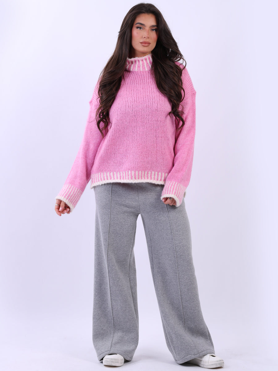 Women Contrast Stitch Chunky Knit Woolen Sweater