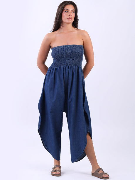 Regular Fit Smocked Yoke Cotton Tube Jumpsuit