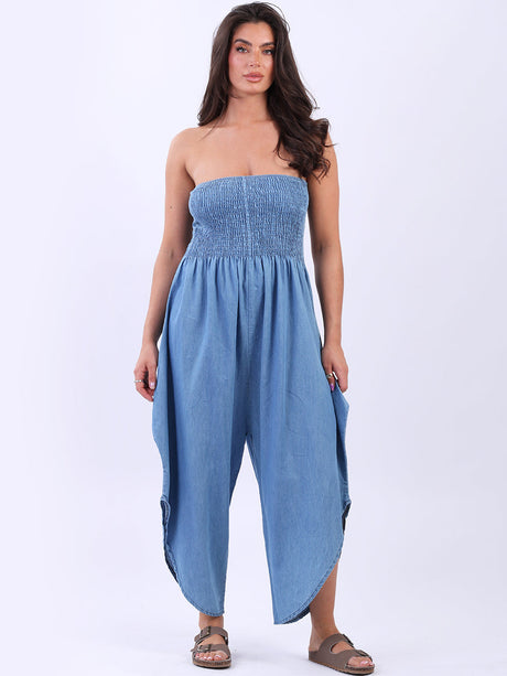 Denim Smocked Tube Cotton Jumpsuit