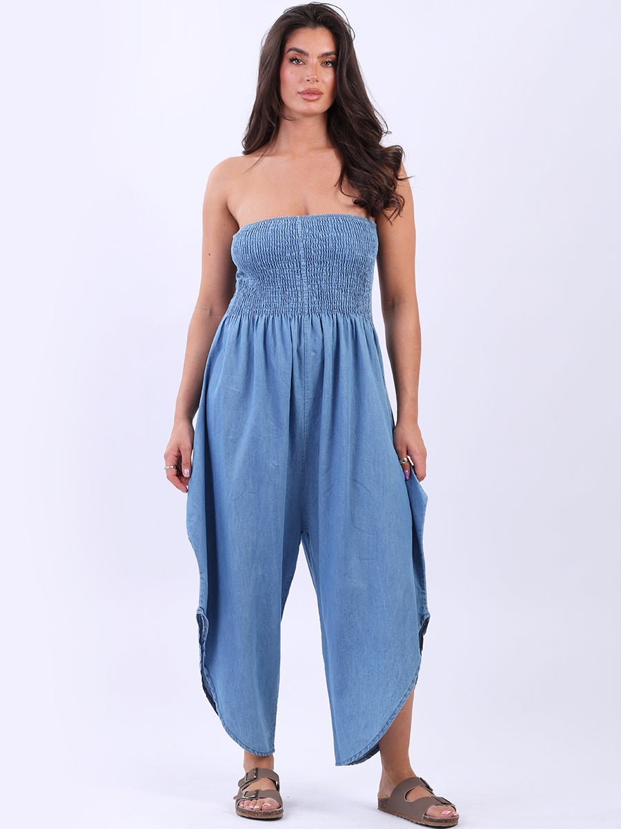 Regular Fit Smocked Yoke Cotton Tube Jumpsuit