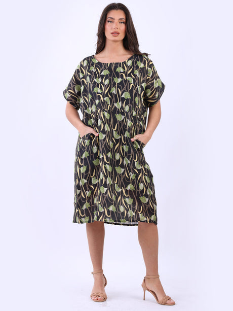 Front Pockets Digital Floral Print Linen Midi Dress