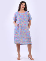 Front Pockets Digital Floral Print Linen Midi Dress