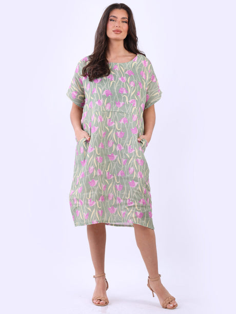 Front Pockets Digital Floral Print Linen Midi Dress