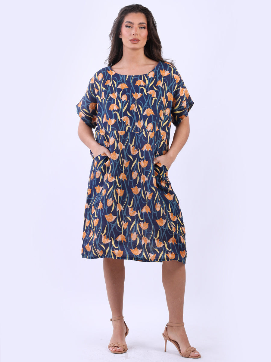 Front Pockets Digital Floral Print Linen Midi Dress