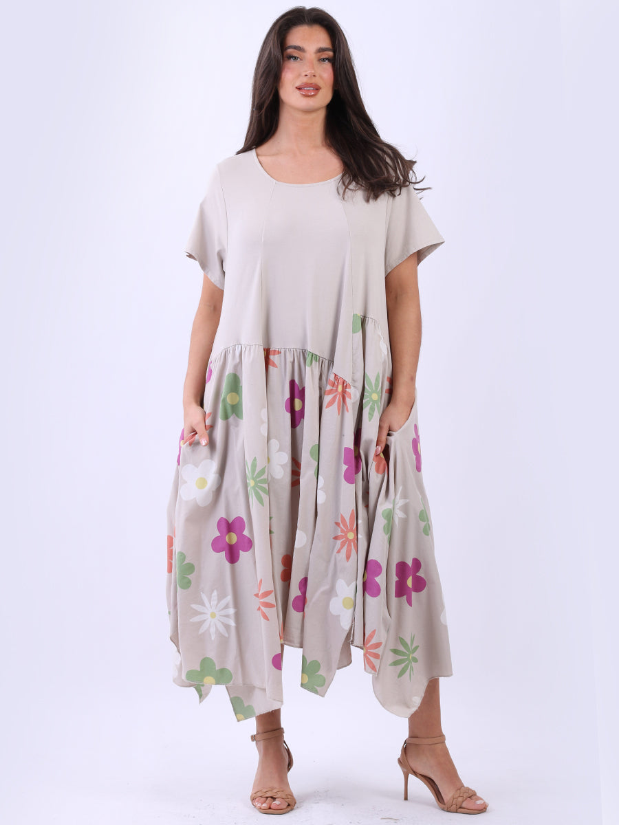 Floral Panel Asymmetric Hem Oversized Cotton Dress