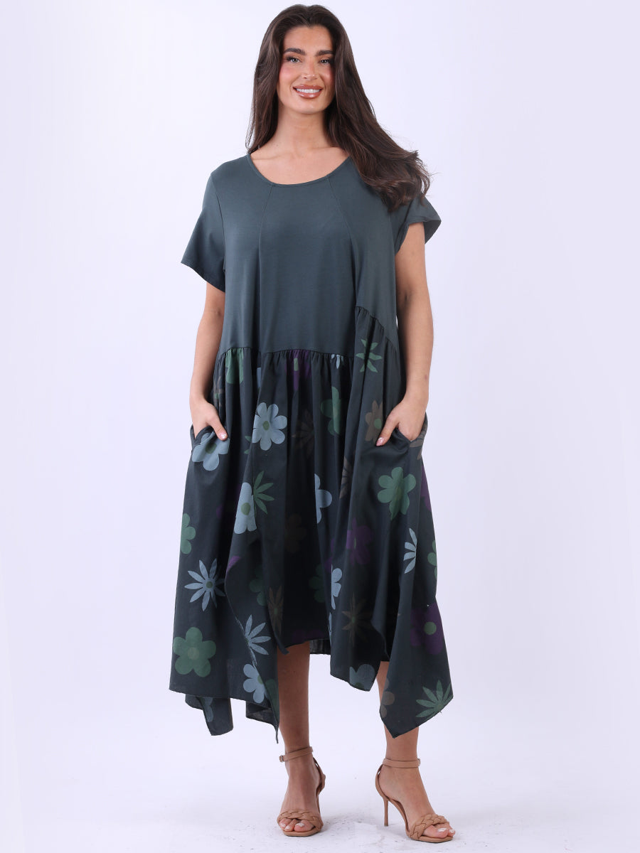 Floral Panel Asymmetric Hem Oversized Cotton Dress