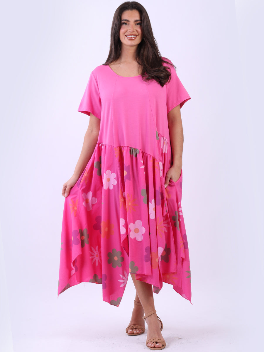 Floral Panel Asymmetric Hem Oversized Cotton Dress