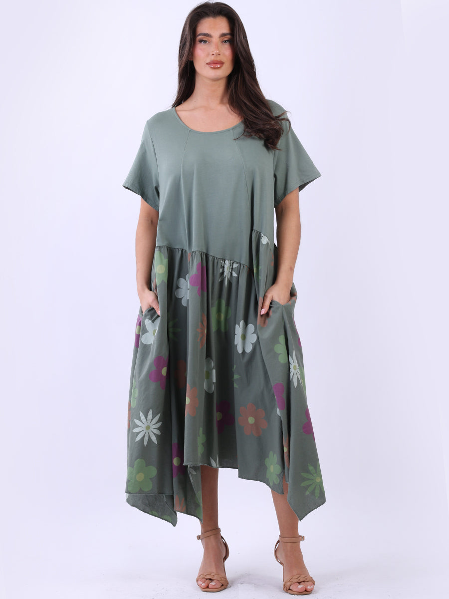 Floral Panel Asymmetric Hem Oversized Cotton Dress