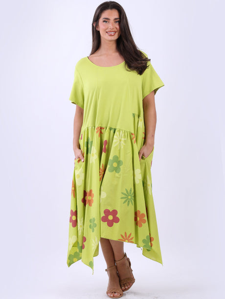 Floral Panel Asymmetric Hem Oversized Cotton Dress