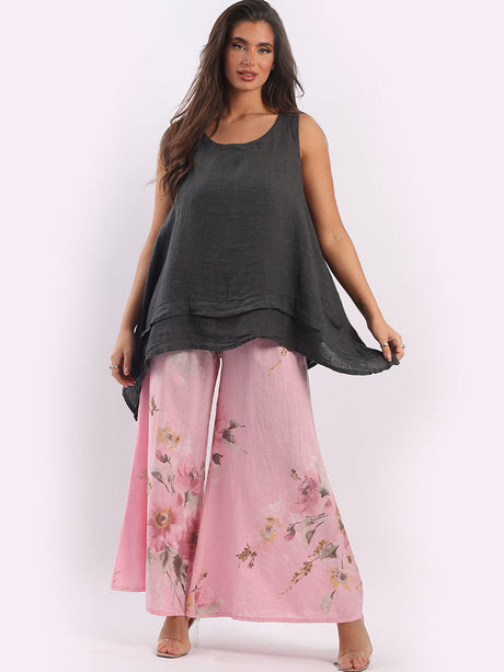 Floral Print Linen Palazzo Trouser